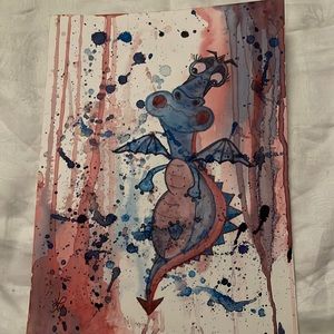 Unframed Original Art Watercolour Splash Expressionism Goofy Dragon Painting